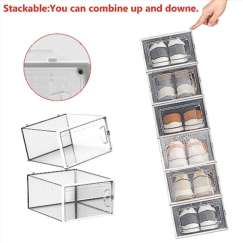 Ruucy 6pcs Shoe Storage Boxes, Clear Stackable Shoe Box with Magnetic Door, Large Plastic Shoe Organizer Containers with Lids for Women/Men (13.8