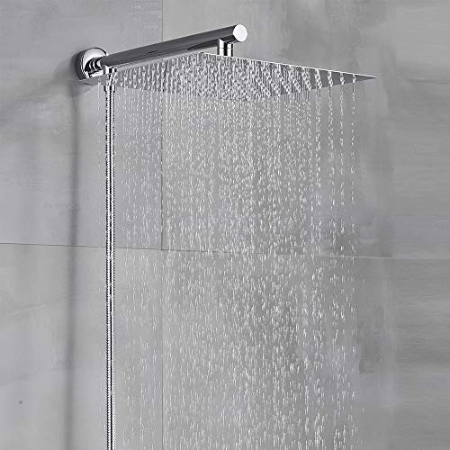 Rozin Wall Mount 12 inch Rainfall Square Shower Head with Shower Arm Shower Hose Stainless Steel Chrome Finish