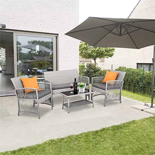 DLOETT 4pcs Garden Furniture Outdoor Garden Lounge Set with Cushions Glass Table Garden Patio Rattan Sofa Set