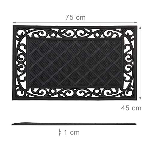 Relaxdays Rubber Anti-Slip Doormat with Floral Pattern in Cast Iron-Look Welcome Mat with Weather-Proof Rubber Size: 1 x 75 x 45 cm, Black