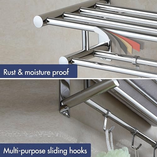 Eridanus Bathroom Towel Rack with Sliding Hooks, Stainless Steel Towel Holder with Dual Row Towel Shelf, Wall-Mounted Towel Rail, Hotel Style Sho