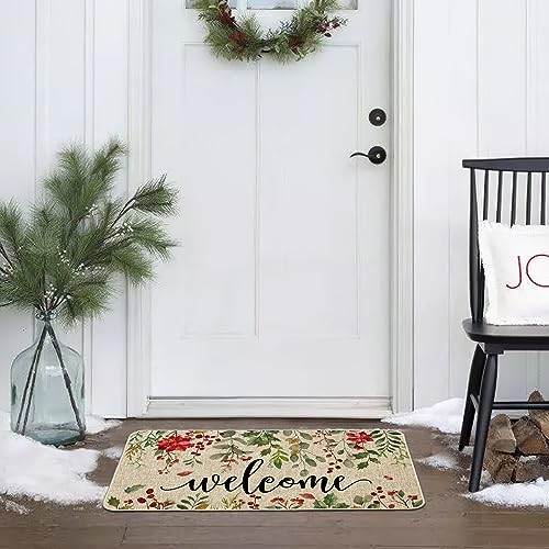 ORTIGIA Welcome Christmas Poinsettia Doormat Indoor Outdoor Patio Eucalyptus Leaves Door Mats Non-Slip Durable Entrance Mat for Home Entrance, Ou
