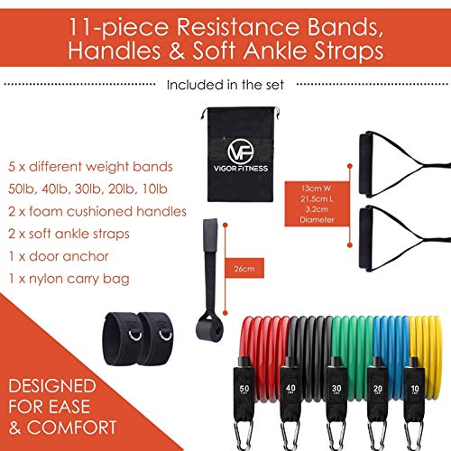 VIGOR Fitness Resistance Bands Set of 11 - 150lbs, Outdoor/Indoor Exercise Workout Equipment for Body Strength, Gym, Yoga & Home Fitness, 2 Angle