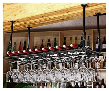 SUCHETA Hanging Wine Rack with Glass Holder and Shelf, Metal Wine Rack Glass Holder Hanging Stemware Home Bar Pub Display Storage Shelf Hanger Sh