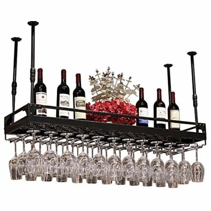 EYLINK Hanging Metal Wine Rack, 30-60Cm Height-Adjustable Iron Hanging Wine Glass Holder, With Wine Bottle Rack, Hanging Cup Rack Home Decoration