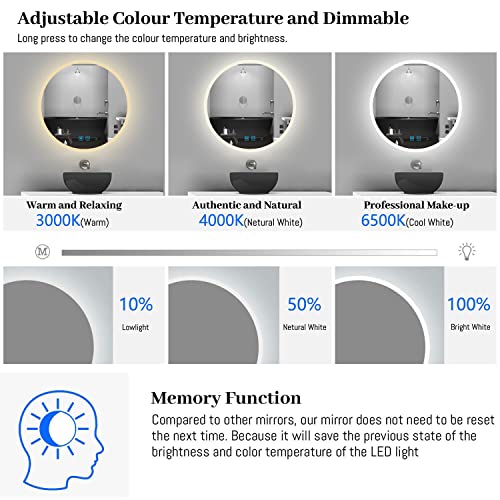 Finmrys Round Bathroom Mirror with LED Lights 500 mm Illuminated Bathroom Mirror with Demister Wall Mounted Bathroom LED Mirror Dimmable 3 Colour