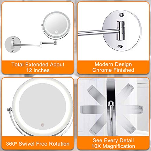longziming 7'' Makeup Mirror Wall Mounted, Upgraded 10X Magnification Double-Sided Mirror, USB Charging Touch Button Adjustable Light 360° Swivel