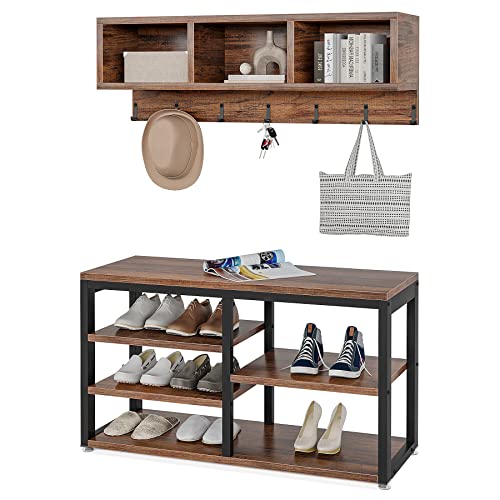 LITTLE TREE Coat Shoe Rack entryway Bench, Engineered Wood Metal, Black+Oak
