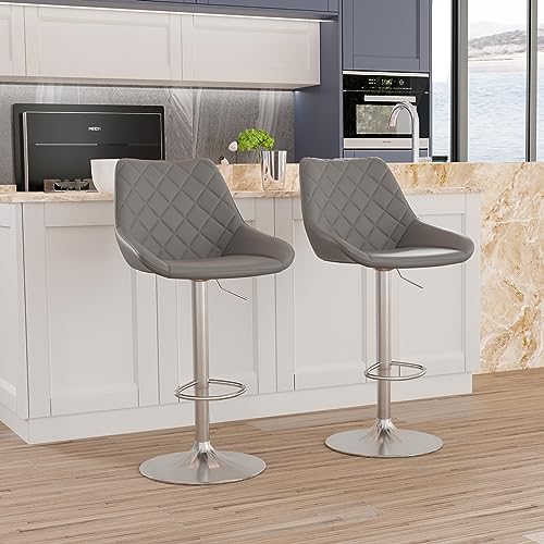 FATIVO 2 pcs Kitchen Bar Stool Chair: Grey Bars Stools Comfortable Leathaire Thick Sponge Foam Seat Breakfast Chairs Adjustable Height Swivel Uph