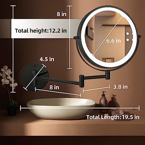 SLIMOON 8" Wall Mounted Lighted Makeup Mirror with Magnification, 1X/10X Magnifying Mirror with Light, 3 Color LED Dimmable 2000mAh Rechargeable