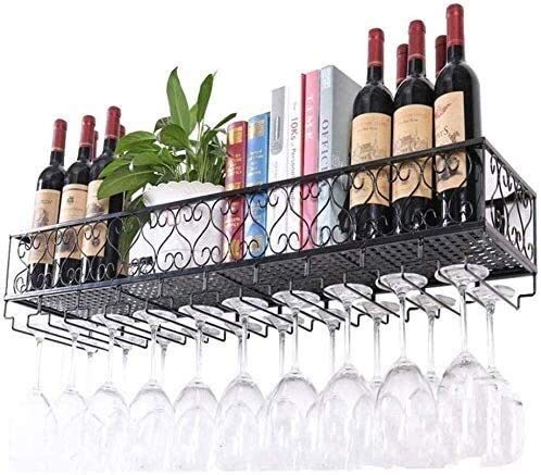 SUCHETA Hanging Wine Rack with Glass Holder and Shelf, Wine lovers Bar furniture& Wine Rack Wall Shelf Metal Iron Ceiling Rack Storage Wine Racks