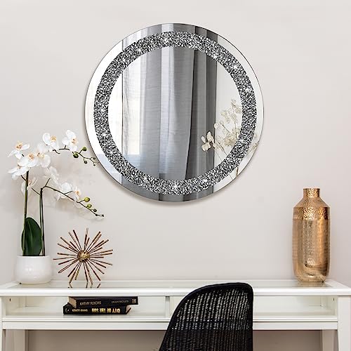 Ruomeng Round Wall Mirror Crystal Crush Diamond Mirror for Home Décor Accent Mirror for Bathroom, Entryway and Bedroom, 24"