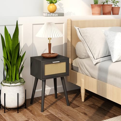 LAATOOREE Nightstand Set of 2, Small End Table with Rattan Door, Bedside Table with Solid Wood Feet, Boho Side Table for Bedroom Living Room Smal