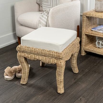 JONATHAN Y VSL1000A Rowan 19.7" Bohemian Designer Woven Rattan/Wood Vanity Stool, White Cushion with Natural Frame, for Living Room, Bedroom, Ent