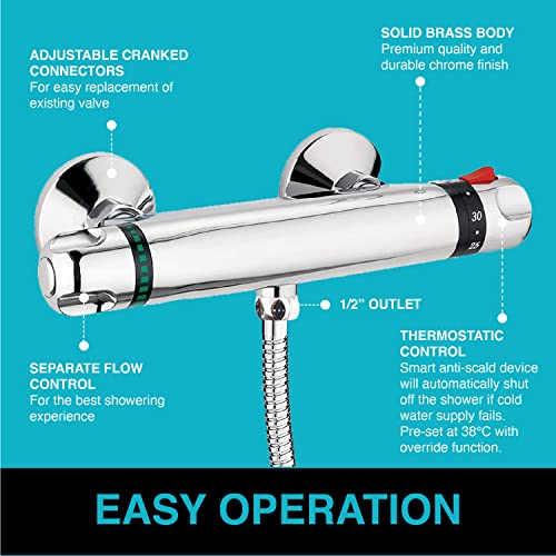 ENKI, Luna, T30, Wall Mounted, Valve 1/2" Outlet, Thermostatic Shower Mixer Bar for Bathrooms, Chrome Modern Mixer Tap Style