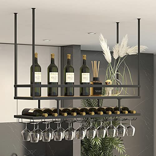 KEppd Wine Rack Ceiling Hanging Wine Glass Holder Wine Bottle Holder, Hanging Plant Shelf European Style Wrought Iron Wall-mounted Bottle Holder,