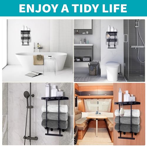 romise Towel Racks for Bathroom, Towel Holder Organizer with Black Metal Shelf and 4 Towel Hooks, Bath Wall Mounted Towel Hanger Storage, Wall Sh