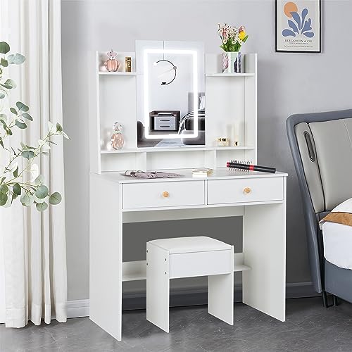 Makeup Vanity Desk with Lights & Mirror, Large Vanity Set with Storage Drawers & Stool, Bedroom Dresser Desk Vanity Table, White (Modern Vanity D