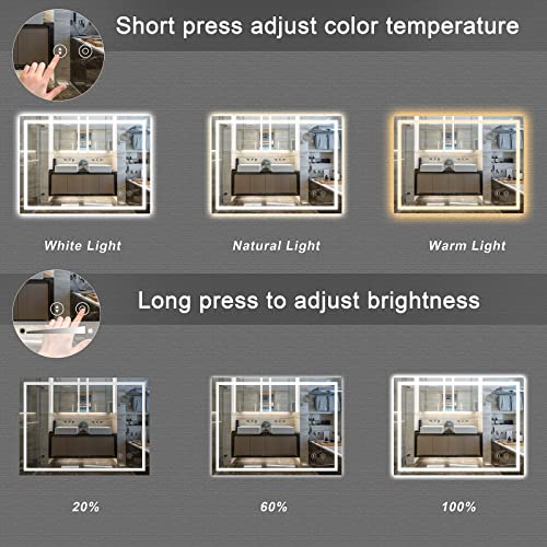 Dripex Bathroom Mirror with LED Lights, 500 * 700 MM Illuminated Backlit Wall Mounted Vanity Mirror Dimmable Switch 3 Colors and Demister Pad, Ho