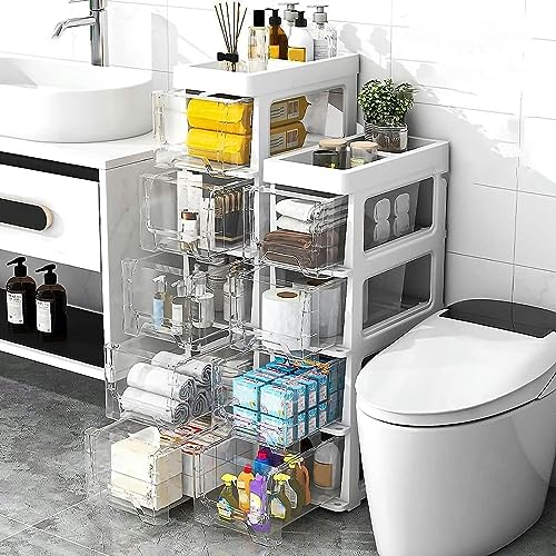OPSREY Bathroom Floor Cabinet Storage Cabinet, 18cm(7inch) Freestanding Slim Toilet Paper Storage Cabinet with Clear Drawers and Casters Vertical