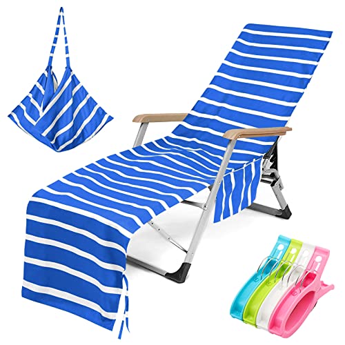 Newthinking Sun Lounger Towels, Beach Sunbed Towels with Pockets, Pool Chair Towel for Loungers, Summer Beach Travel, 30 inch x 84 inch (Blue)