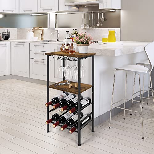 UOMIO 4 Tier Wine Cabinet Wine Racks Free Standing with Table Top and Glass Holders Rustic Style Wine Slim and Tall Wine Bottle Racks and Wire Go