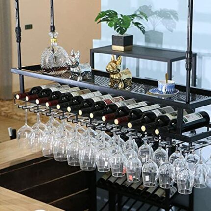 EYLINK Wine racks Black Ceiling-Type Wine Holder/Adjustable Wine Bottle Holder Hanging Wine Glass Racks/Goblet Stemware Racks/Vintage Home Decor