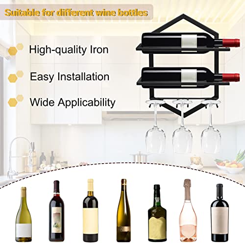 Giyiprpi Wall Mounted Wine Stemware Rack, Metal Hanging Wine Glass Display Holde Holds 3 Cups 2 Bottles, Elegant Storage for Kitchen Dining Room