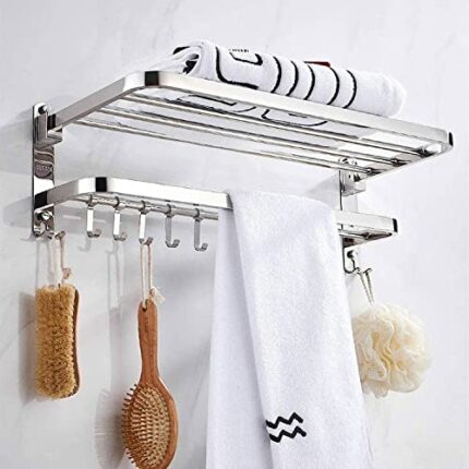 48cm Wall-Mounted Towel Rack Towel Rail Double-Layer Stainless Steel With Five Hooks For Bathroom Kitchen Hotel Office