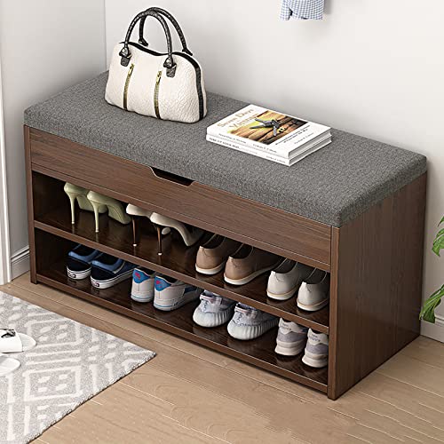 Shoe Storage Bench, Entryway Bench with Flip Top Storage Space And Padded Cushion, 2 Tier Wooden Shoe Storage Cabinet, Shoe Rack for Entryway Liv