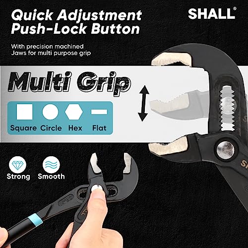 SHALL 3-Piece Groove Joint Pliers Set (12, 9-1/2, 7 Inch), Push-Lock Water Pump Pliers in Cr-v Steel, Fast Adjustable Tongue and Groove Pliers wi