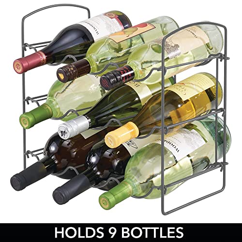mDesign Wine Rack – Wine Bottle Rack with 3 Levels and 9 Slots – Kitchen Storage Rack for Wines, Spirits and Water Bottles – Graphite Grey