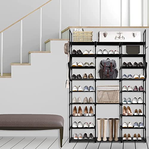 Free-Standing Shoe Rack Organizer, Garage Shoe Storage Organizer with Side Hooks & Pockets, Metal Shoe Rack for Garage, Entryway, Holds 50 Pairs