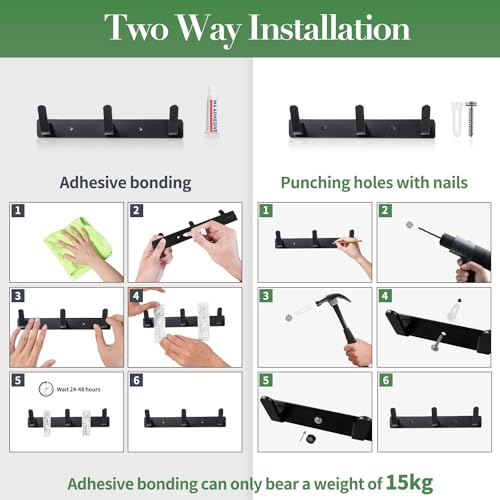 Sevenpers Coat Hangers Wall Mounted, Wall Coat Racks (2 Pack), Heavy Duty Black Coat Hooks, Door Hanger with 5 Hooks, Clothes Hooks and Wall Hook