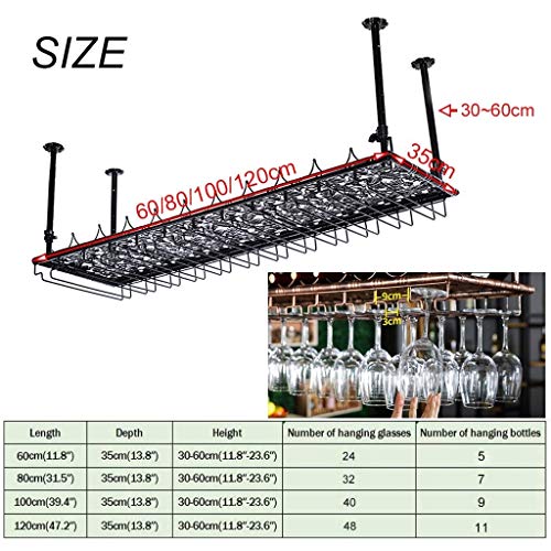 EYLINK Ceiling Wine Rack Hanging, Adjustable Height Stemware Rack Industrial Vintage Bar Counter Wine Glass Rack Metal Wine Bottle Holder - Black