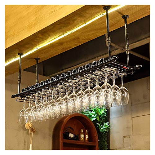 SUCHETA Hanging Wine Rack with Glass Holder and Shelf, Adjustable Height Wine Rack Ceiling Hanging Wine Glass Holder Vintage Wine Bottle Holder R