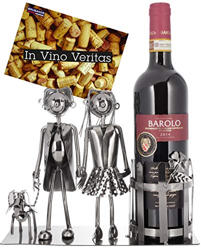 BRUBAKER Bottle Holder Couple Walking their Dog - Decoration Object Metal - Bottle Stand - with Greeting Card for Wine Gift
