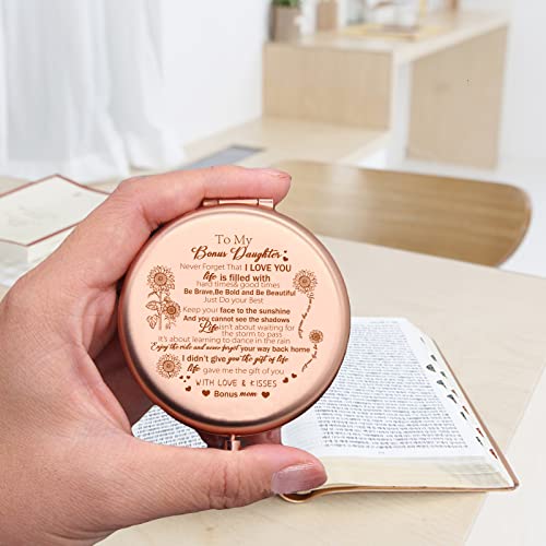 ORIGACH Bonus Daughter Gifts - To My Bonus Daughter Rose Gold Magnifying Makeup Compact Mirror with Gift Box, 1X/2X Magnification - Birthday Gift