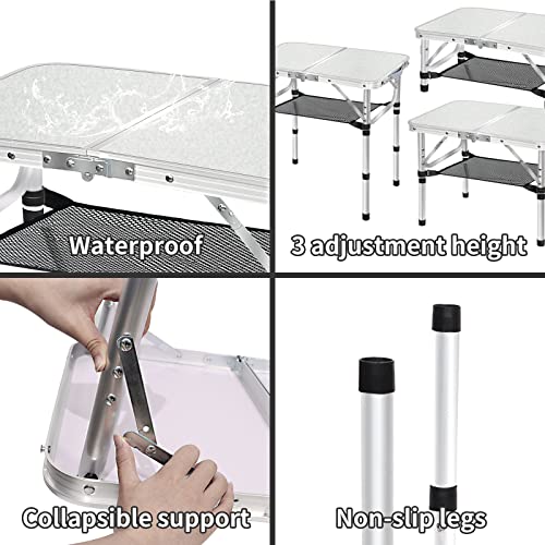 MYCOQU Small Folding Camping Table, 3 Heights Adjustable Portable Camp Tables, 2ft 23.6''L x 15.7''W Aluminum Lightweight Picnic Table with Mesh