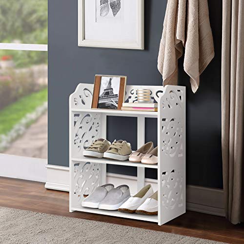 Shoe Rack White, Modern Carved 3 Tiers Freestanding Shoe Rack, Space Saver Stackable White Home Storage Organiser Unit, for Hallway Entryway Bedr