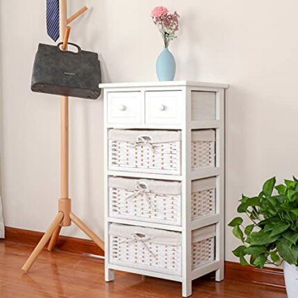 Ruication Bedside Table Storage Cabinet with 3 Drawers Wicker Baskets 2 Small Drawers Unit Chest of Drawers Fully Assembled for Living Room Bedro