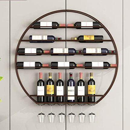 Qunine Floating Wine Shelf Round, Metal Wall Mounted Wine Rack with Glass Holder Wine Organizer Storage Display Shelf Farmhouse Decor,Black (Colo