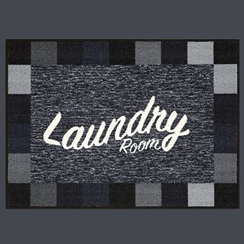 Ottomanson Laundry Collection Checkered Border Rubberback Mat, 67 cm x 90 cm, Black