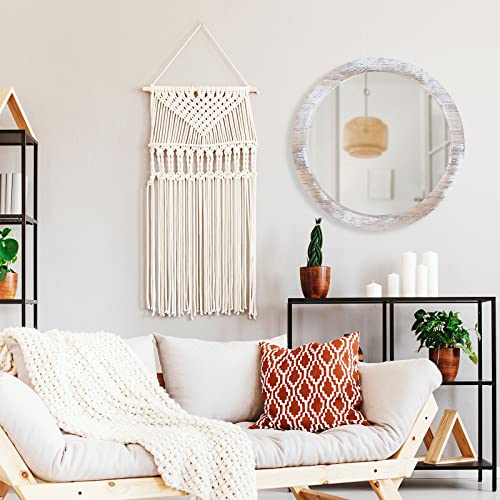 JJUUYOU Rustic Circle Wall Mirror 50CM for Home Decor Rustic White Round Mirror for Bathroom Wall decor Wood Frame Mirror for Living Room, Bedroo