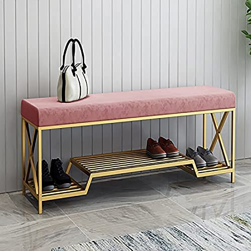 Luxurious Shoe Bench With Golden Shoe Shelf,Velvet Upholstered Shoe Rack Bench Shoe Organizer,Entryway Bench,Pink,100X35X45Cm(39X14X18Inch)