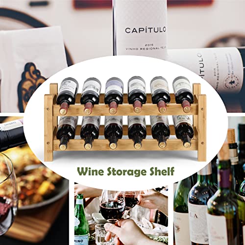 HYNAWIN 2 Tiers Bamboo Wine Rack Free Standing Wine Display Stand Wine Storage Rack Shelf Wine Bottle Holder for Home Living Room Kitchen Bar, 12