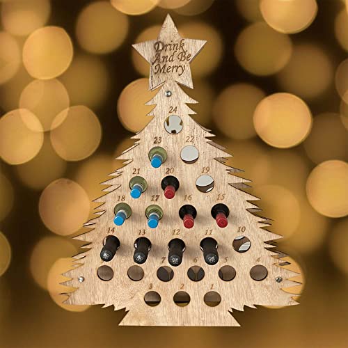 MY GIFT TREE Advent Calendar Bottle Holder (330ml Size) Small Bottles of Wine, Prosecco or Champagne (187-200ml) - Wooden Christmas Tree Kitchen