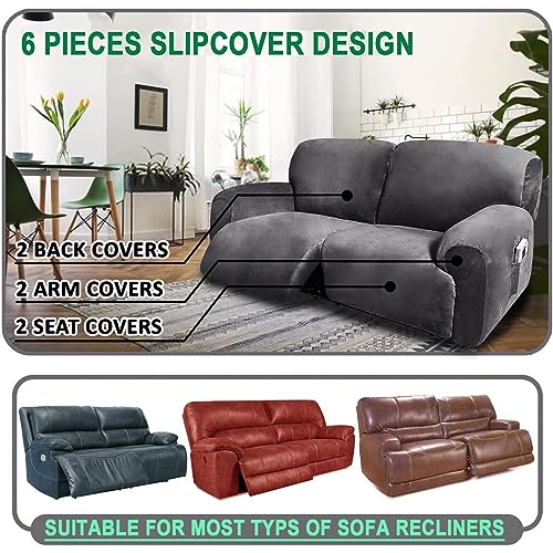 Fengshui 2 Seater Recliner Sofa Covers 6 Pcs Velvet Stretch Loveseat Couch Cover with Side Pocket, Soft Washable Reclining Chair Protector fit 75