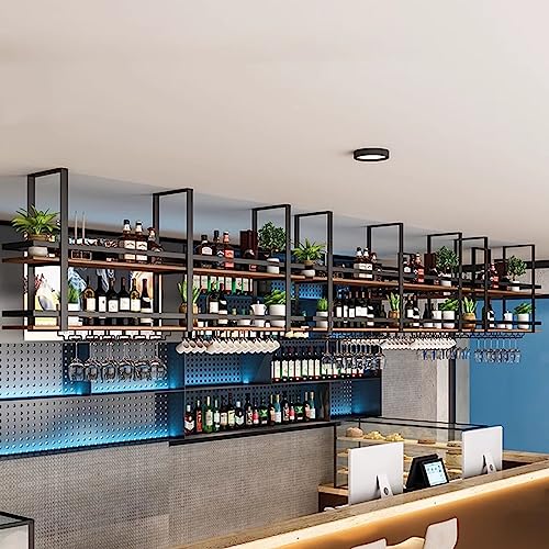 Hanging Wine Rack, Metal Ceiling Bar Wine Glass Rack with Glass Holder and Shelf 3-Layer Industrial Wall Mounted Wine and Glass Rack for Bars Res