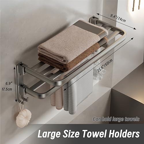Myckulisu Towel Rack for Bathroom Foldable Double Towel Holder with Towel Bar and 4 Hooks for Bathroom, 24inch(60cm), Gunmetal Grey